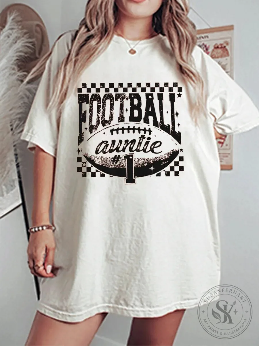 Football Auntie Number 1 Distressed Checkered Pattern Graphic T-Shirt
